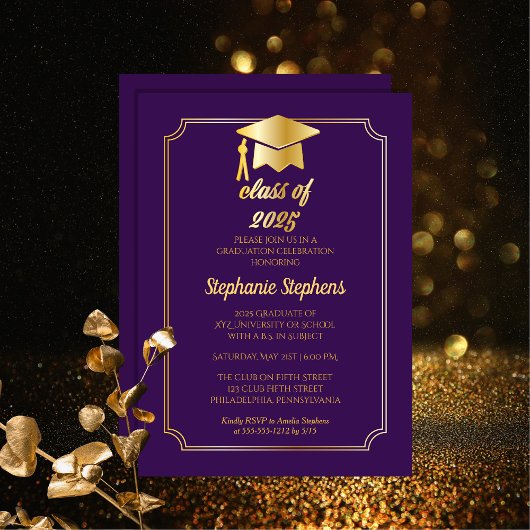 Invitation Élégant violet | Gold Casquette College Graduation