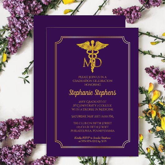 Invitation Élégant violet| Gold MD Médecin Partie de graduati