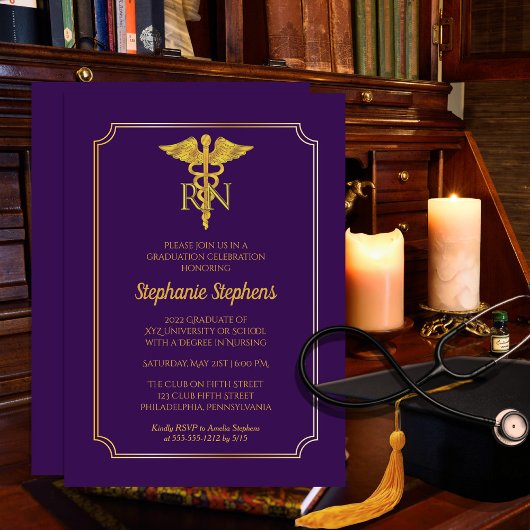Invitation Élégant violet | Gold Nurse RN Graduation Party