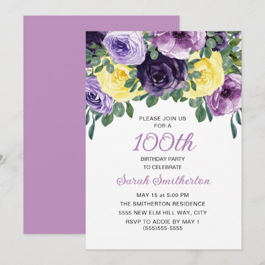 Invitation Élégant violet jaune floral 100e anniversaire (Devant / Derrière)