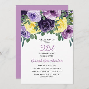 Invitation Élégant violet jaune floral 21e anniversaire