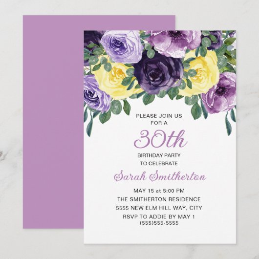 Invitation Élégant violet jaune floral 30e anniversaire (Devant / Derrière)