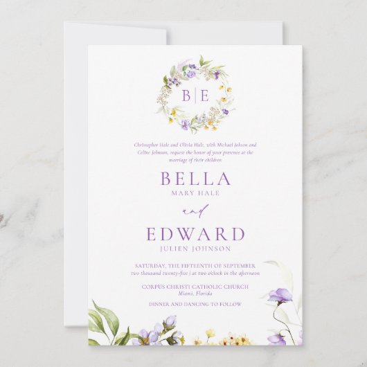 Invitation Élégant violet jaune Floral Mariage officiel (Devant)