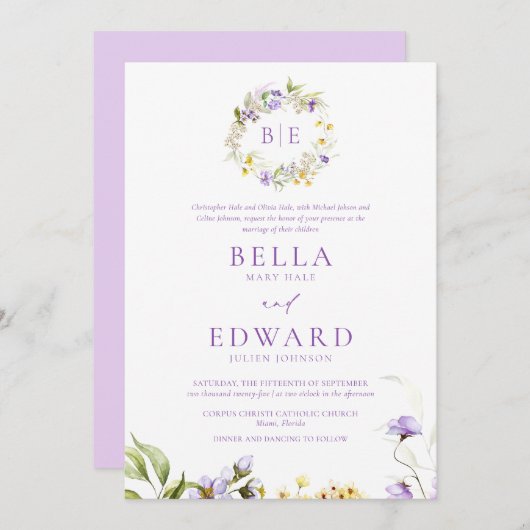 Invitation Élégant violet jaune Floral Mariage officiel (Devant / Derrière)