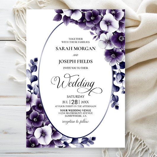 Invitation Élégant violet Mariage ovale fleuri