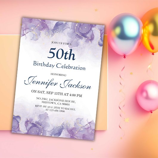 Invitation Elégant violet moderne et or floral 50e anniversai