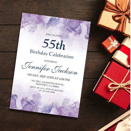 Invitation Elégant violet moderne et or floral 55e anniversai