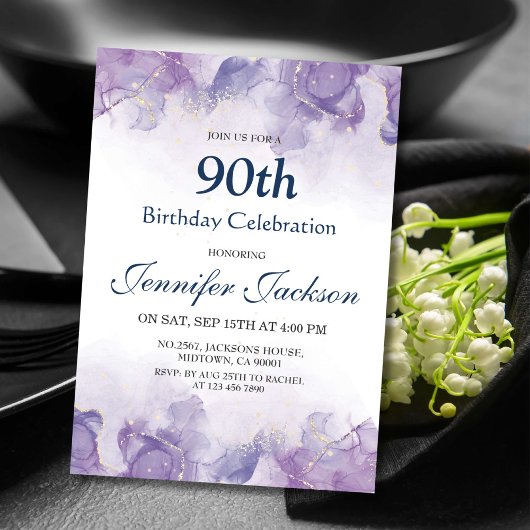Invitation Elégant violet moderne et or floral 90e anniversai