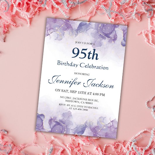 Invitation Elégant violet moderne et or floral 95e anniversai