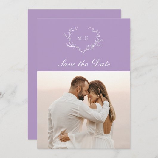 Invitation Élégant violet monogramme Enregistrer la photo Dat (Devant / Derrière)