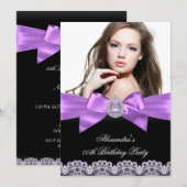 Invitation Elégant violet noir bijou photo fête d'anniversair (Devant / Derrière)