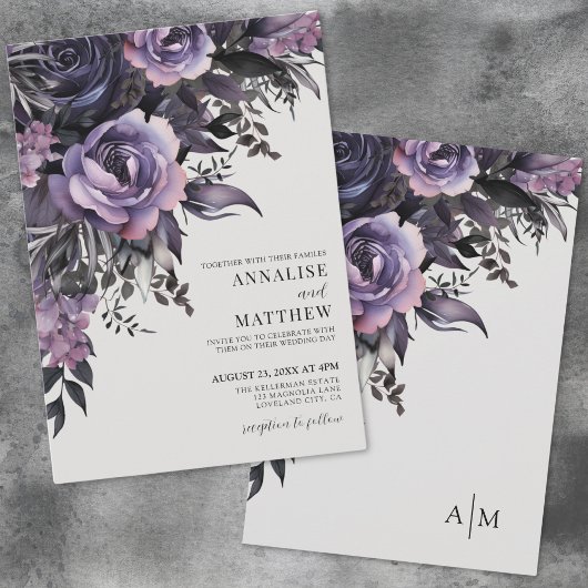 Invitation Élégant violet noir Mariage Floral