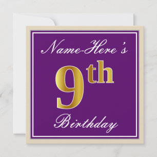 Invitation Elégant, Violet, Or Faux 9e Anniversaire + Nom