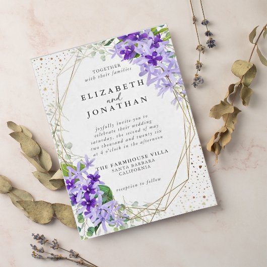 Invitation Elégant violet or Mariage géométrique Fleurs