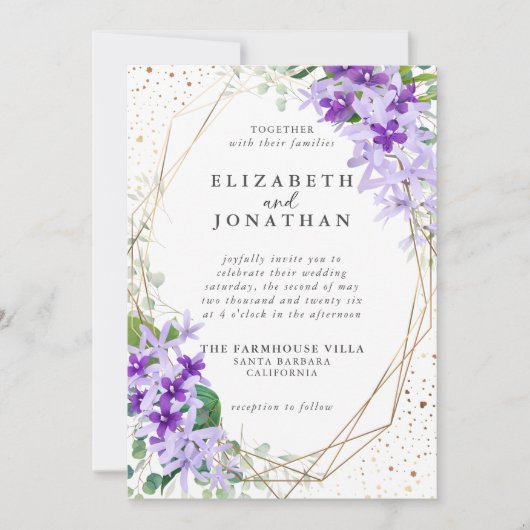 Invitation Elégant violet or Mariage géométrique Fleurs (Devant)