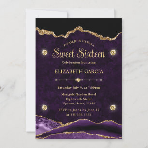 Invitation Élégant Violet & Or Pailleté Agate Sweet Sixteen