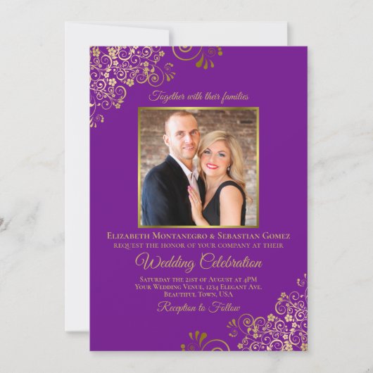 Invitation Élégant violet & or photo & QR Code Mariage (Devant)