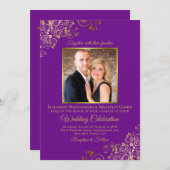 Invitation Élégant violet & or photo & QR Code Mariage (Devant / Derrière)