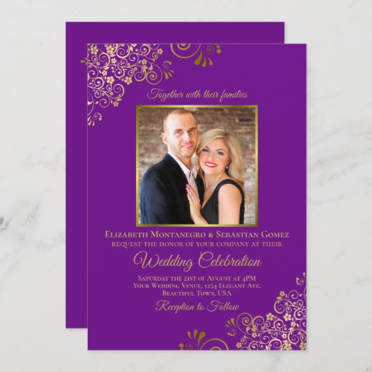 Invitation Élégant violet & or photo & QR Code Mariage (Devant / Derrière)