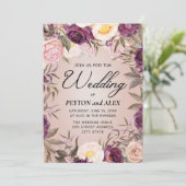 Invitation Élégant violet pies roses Mariage Floral (Debout devant)