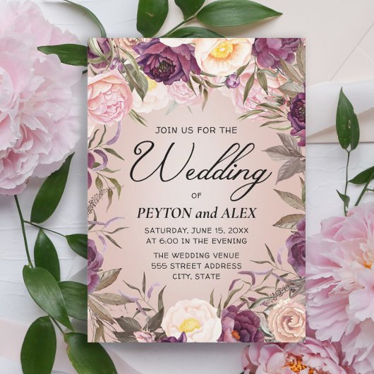 Invitation Élégant violet pies roses Mariage Floral