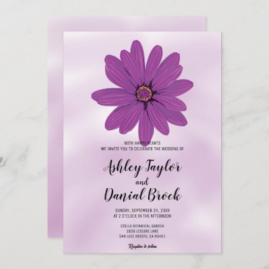 Invitation Elégant violet pourpre rose romantique Mariage flo (Devant / Derrière)