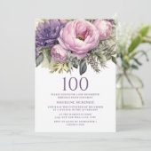 Invitation Élégant violet rose floral 100e anniversaire (Debout devant)