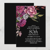 Invitation Élégant violet rose floral noir 80e anniversaire (Devant / Derrière)