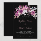 Invitation Élégant violet Rose Floral noir Mariage (Devant / Derrière)