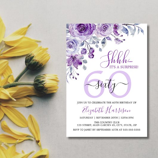 Invitation Elégant Violet Rose Floral Surprise Anniversaire