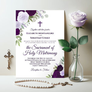 Invitation Élégant violet Rose Mariage catholique moderne
