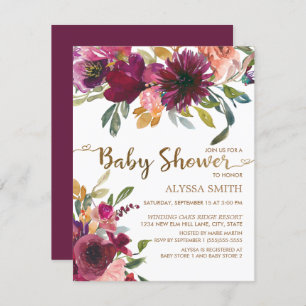 Invitation Élégant violet rose or Baby shower de script Flora