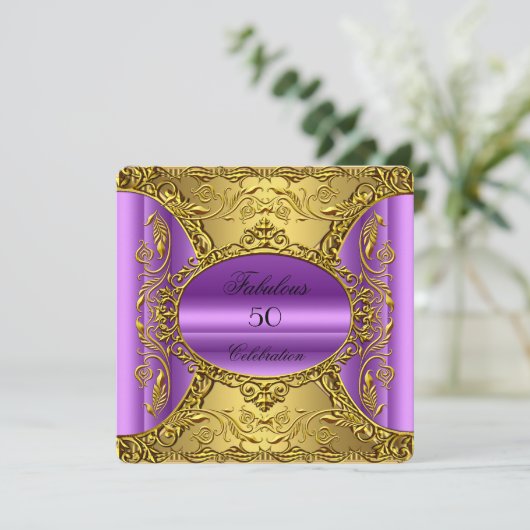 Invitation Élégant violet rose or Elite Fabuleux 50e (Debout devant)