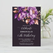 Invitation Élégant violet rose or fleuri modèle d'anniversair (Debout devant)