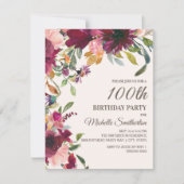 Invitation Élégant violet rose or floral 100e anniversaire (Devant)