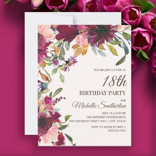 Invitation Élégant violet rose or floral 18e anniversaire