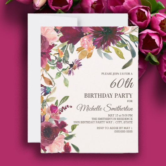 Invitation Élégant violet rose or floral 60e anniversaire
