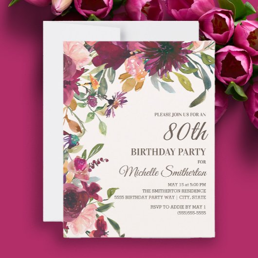 Invitation Elégant violet rose or floral 80e anniversaire