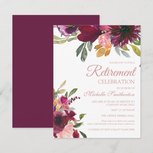 Invitation Élégant Violet Rose Or Floral Script Retraite (Devant / Derrière)