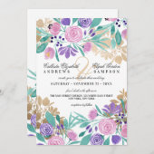Invitation Élégant violet rose or Mariage d'aquarelle florale (Devant / Derrière)