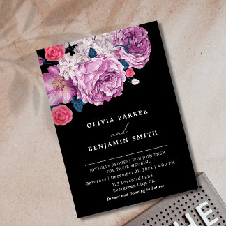 Invitation Élégant violet Rose violet violet Floral noir Mari