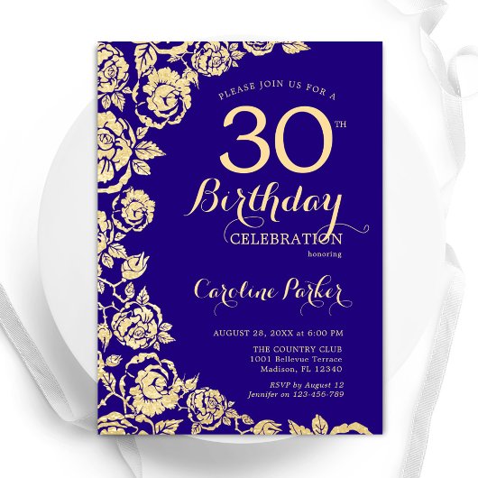 Invitation Elégant violet Roses d'or 30e anniversaire