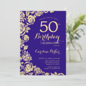 Invitation Elégant violet Roses d'or 50e anniversaire (Debout devant)