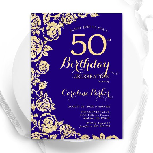 Invitation Elégant violet Roses d'or 50e anniversaire