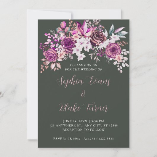 Invitation Élégant violet Roses Floral vert foncé Mariage (Devant)