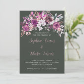 Invitation Élégant violet Roses Floral vert foncé Mariage (Debout devant)