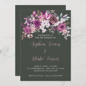 Invitation Élégant violet Roses Floral vert foncé Mariage (Devant / Derrière)