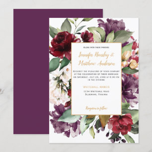 Invitation Élégant violet rouge or Mariage d'explosion floral