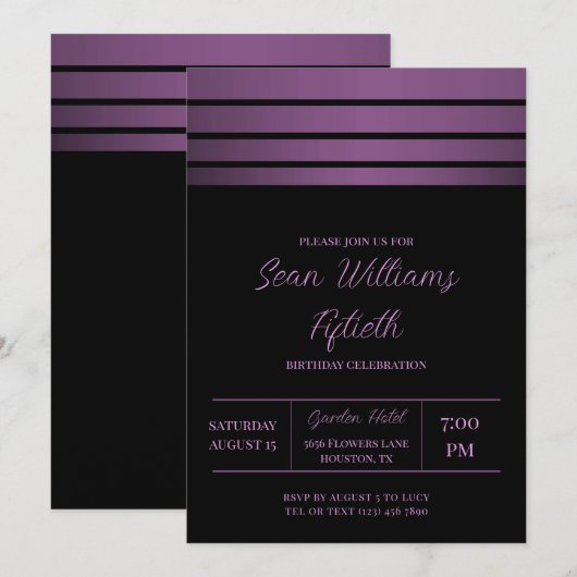Invitation Elégant Violet Stripes Masculine Anniversaire (Devant / Derrière)