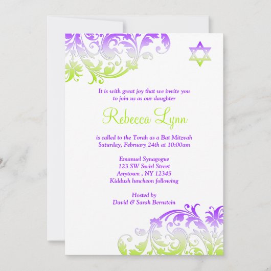 Invitation Élégant violet vert Bat mitzvah (Devant)